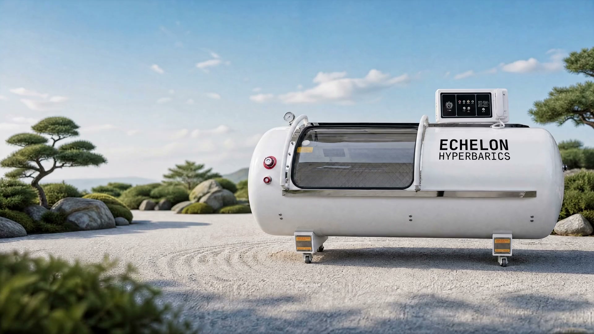 A hyperbaric chamber in a misty zen garden of raked sand, bamboo, and weathered stone.