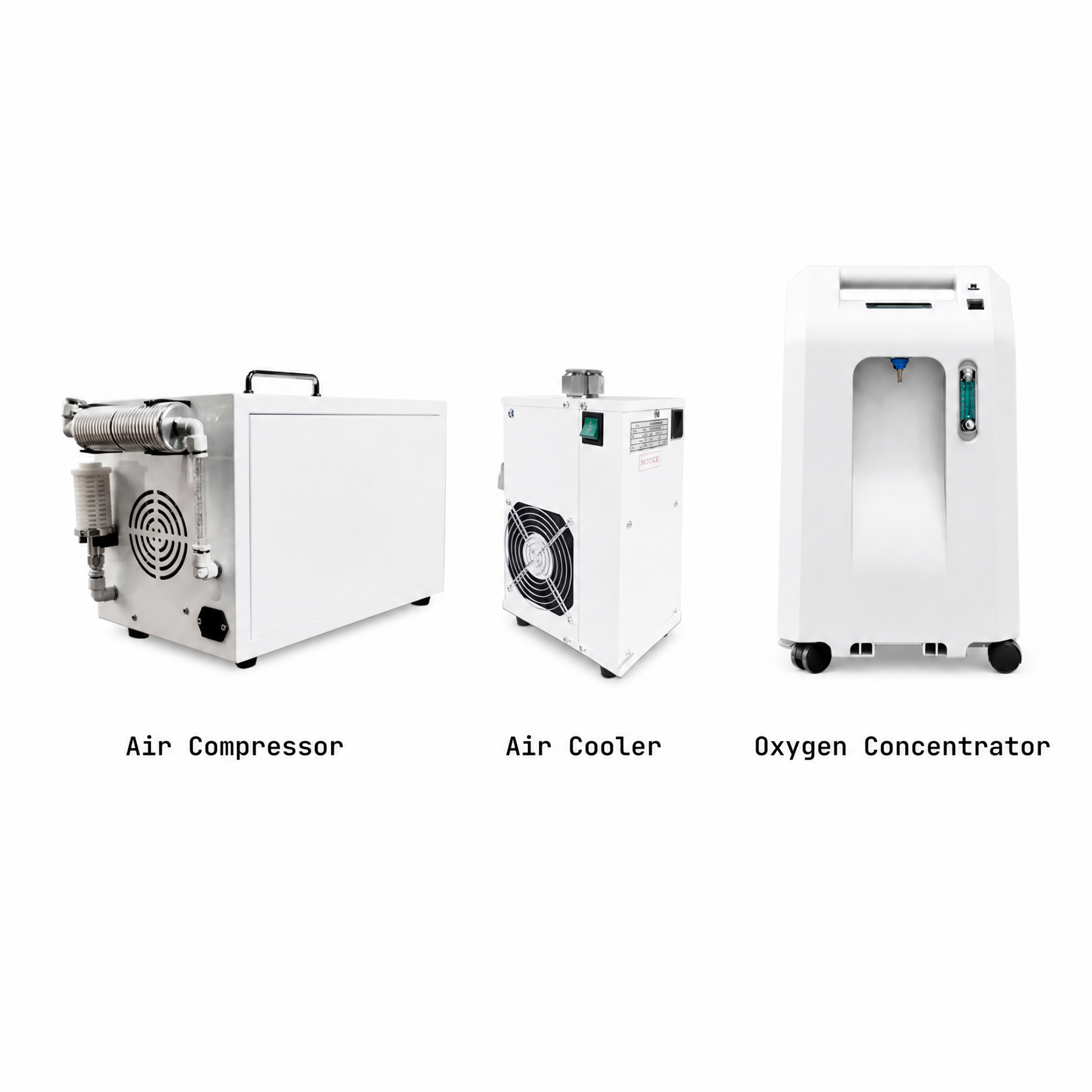 The three Quietus units — air compressor, air cooler, oxygen concentrator