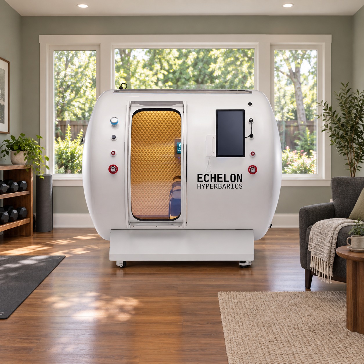 Horizon in a residential home gym and recovery room — illustrative visualization